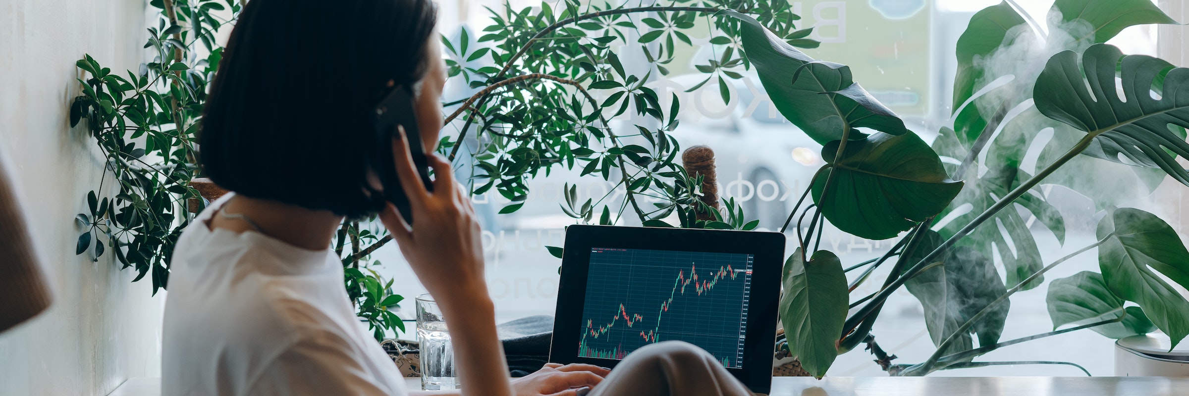 Woman on phone looking at climate graph on laptop near plants