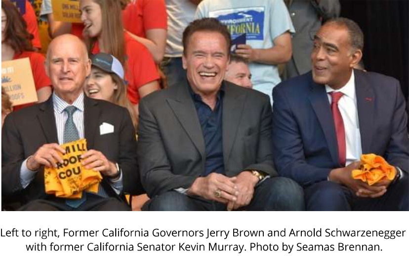 Left to right, Former California Governors Jerry Brown and Arnold Schwarzenegger with former California Senator Kevin Murray.
