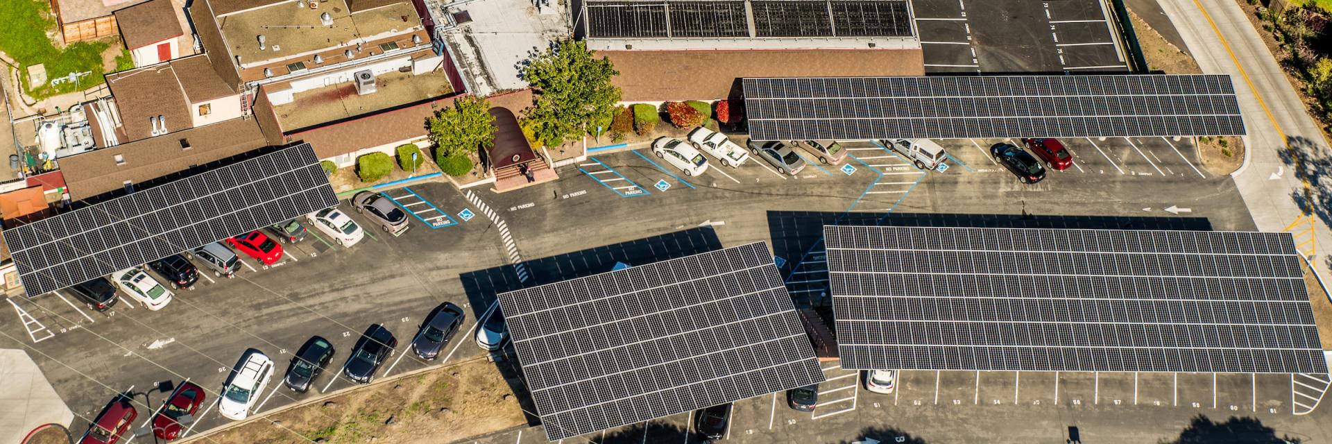 A health club with ground mount solar shade structures