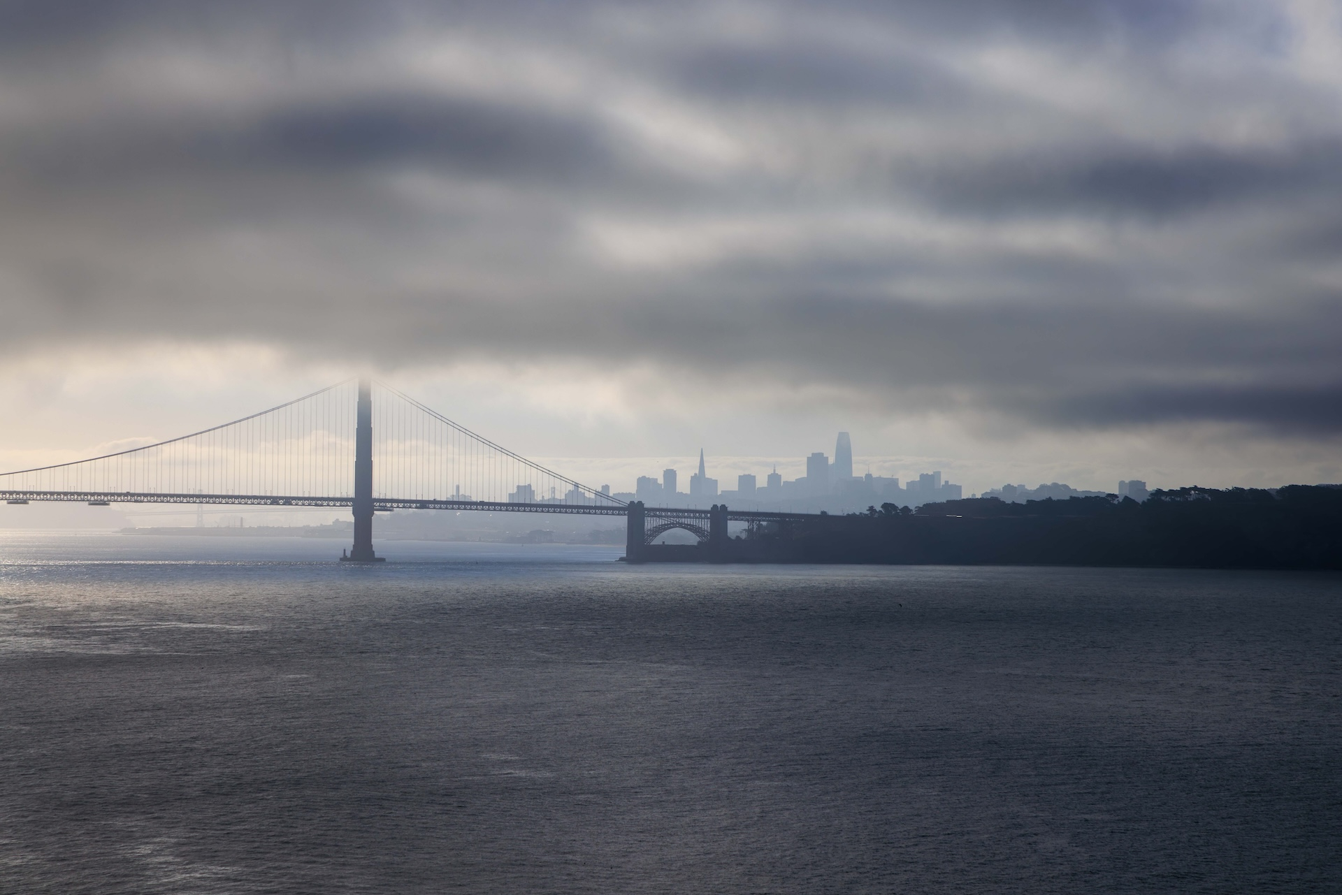 dark clouds around the golden gate bridge